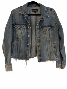 Lucky Brand Cropped Denim Jacket - Fringed Hem - Soft & Stretchy - Size Large
